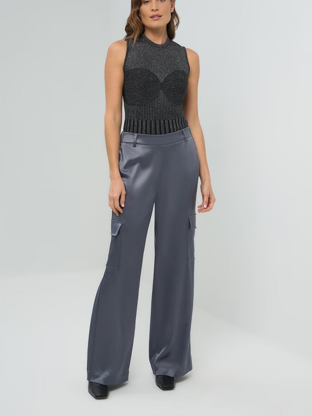 Anatomie Candela Women's Size Large Satin Cargo Wide Leg Pants In Shadow New